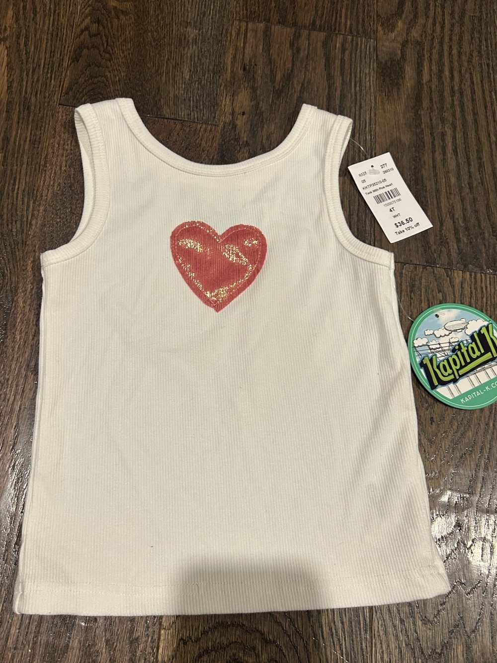 NWT Girls Kaptial K White Tank Top with Pink Glitter Heart - Size 4T